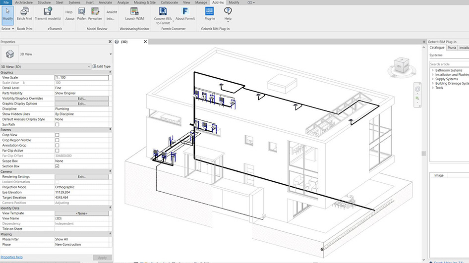 Screenshot of the planning software: sanitary technology can be planned with the new Geberit BIM Plug-in.