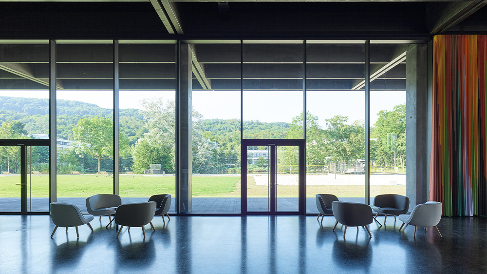 Interior of the lobby with big windows 