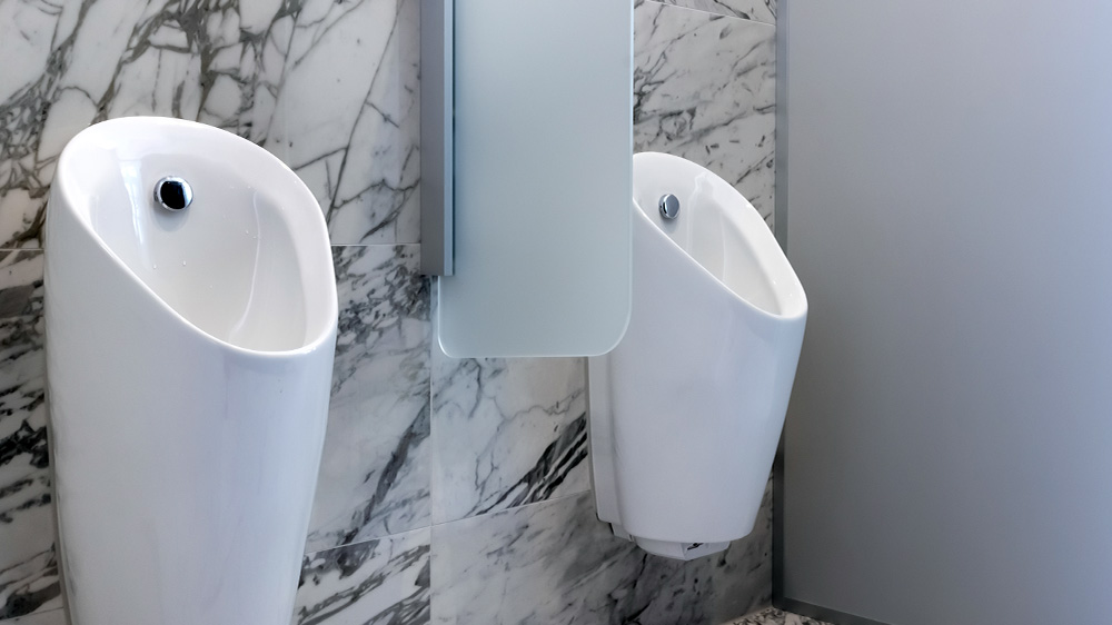 The Preda urinals in the marble-lined sanitary room 