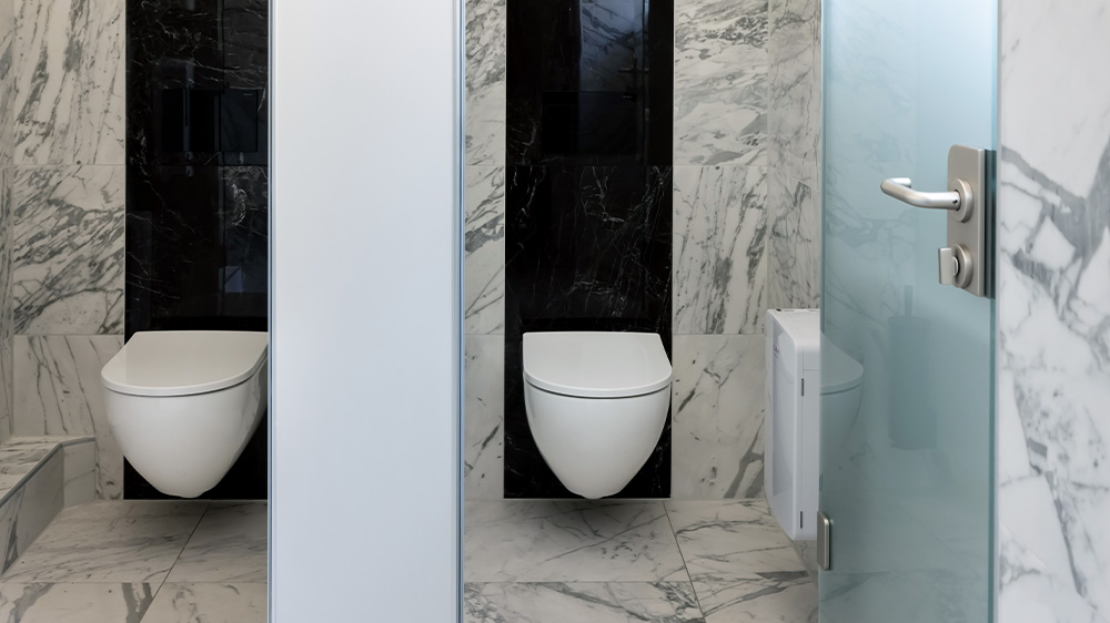 The elegant sanitary facilities with rimless WC ceramic appliances from the Acanto range and Sigma80 actuator plates