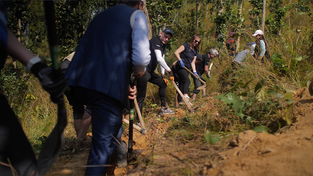 The volunteers digging a waterway 