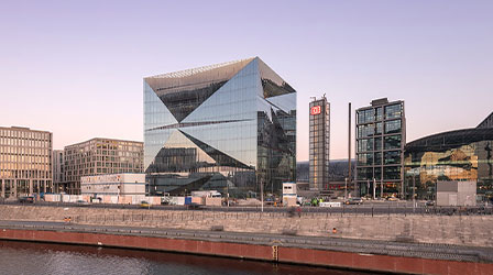 Cube Berlin, a reflective cube-shaped office building in the German capital