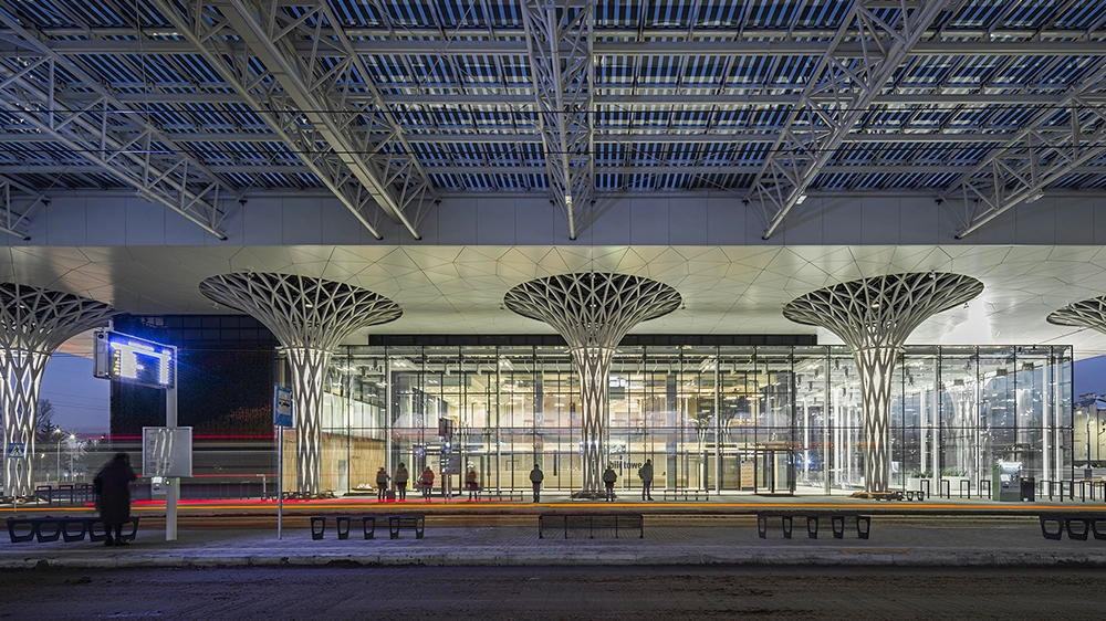 The city railway station has a covered area for buses.