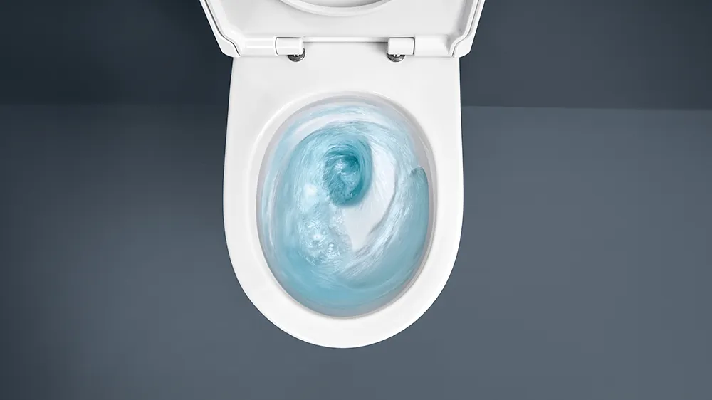 The asymmetrical inner design of the toilet bowl guides the flush water precisely through the rimless ceramic appliance in a powerful vortex. (Photo)