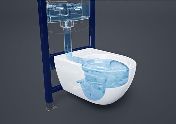 Graphic representation of Geberit's improved flushing performance toilet, showcasing the new TurboFlush technology