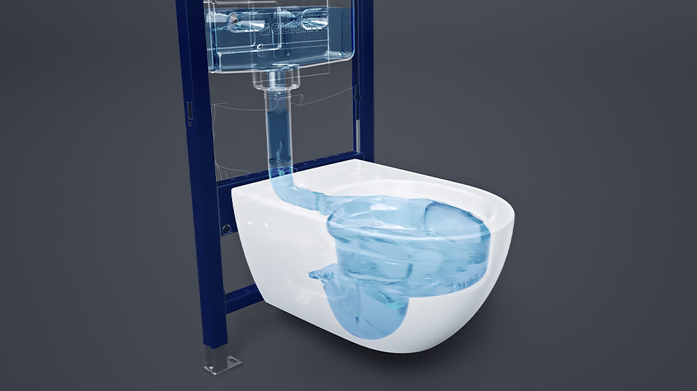 Geberit Wand-WC mit transparenter Darstellung des Wassers, das durch die TurboFlush-Technologie perfekt gelenkt und hydraulisch optimiert wird