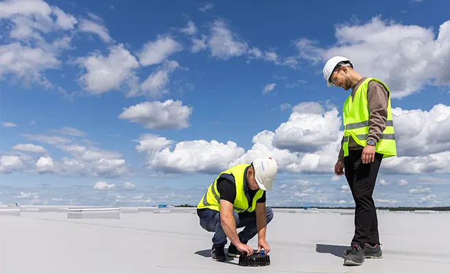 Installation des Dachentwässerungssystems Geberit Pluvia durch zwei Arbeiter in gelben Westen.&nbsp; (Foto)