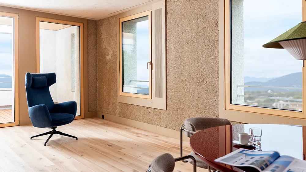 Raum im Mehrfamilienhaus Openly Valley in Widnau, Schweiz, dem größten Hanfhaus Europas. (Foto)